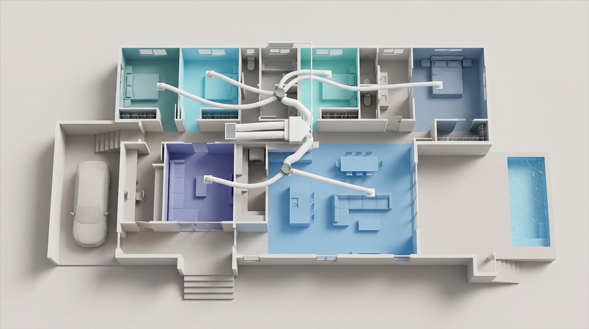 Isometric cutaway of a home showing six independently controlled air conditioning zones, each labelled with its own temperature between 20 and 24 degrees.